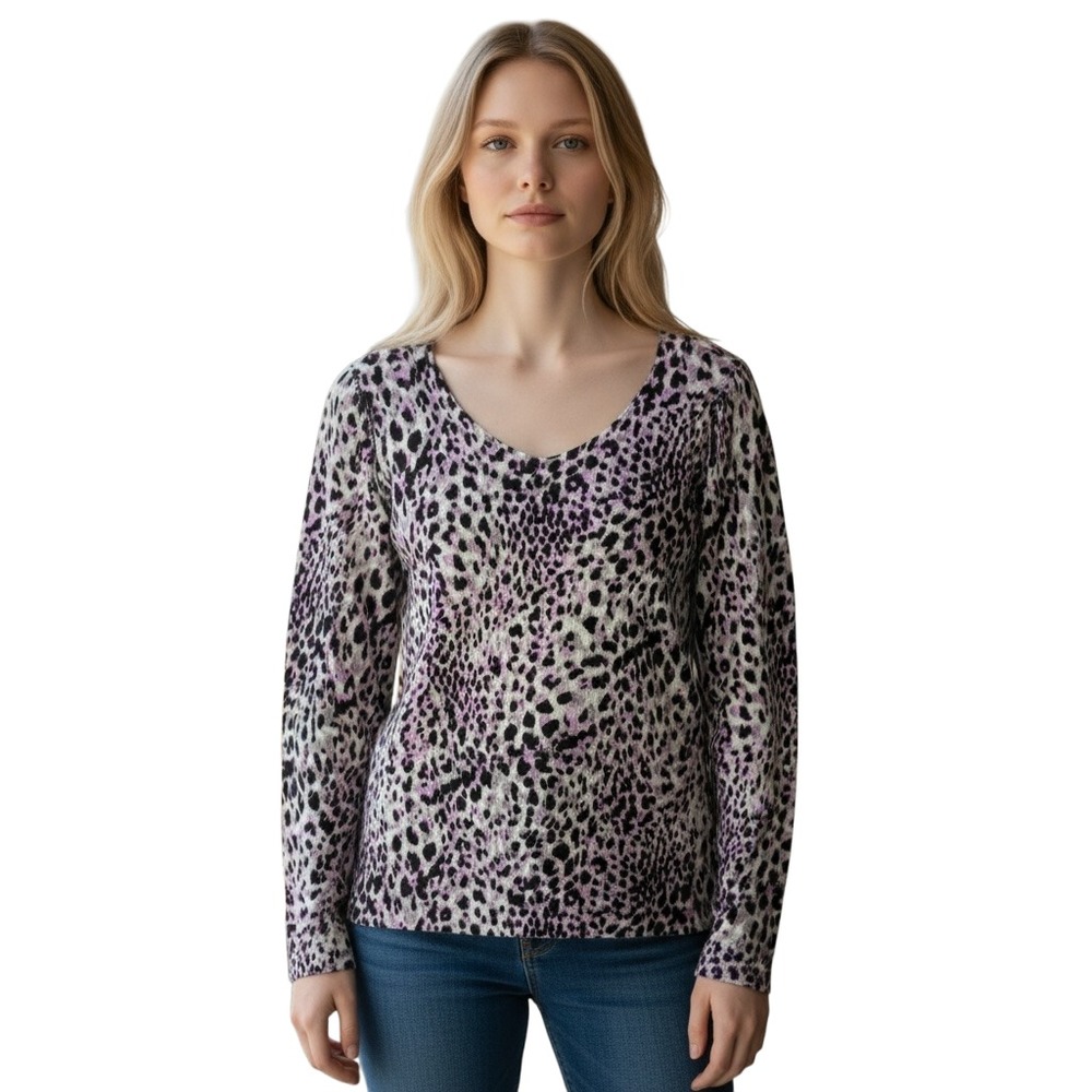 Talbots 100% Merino‎ Wool Sweater XL Purple Black Leopard Print Long Sleeve